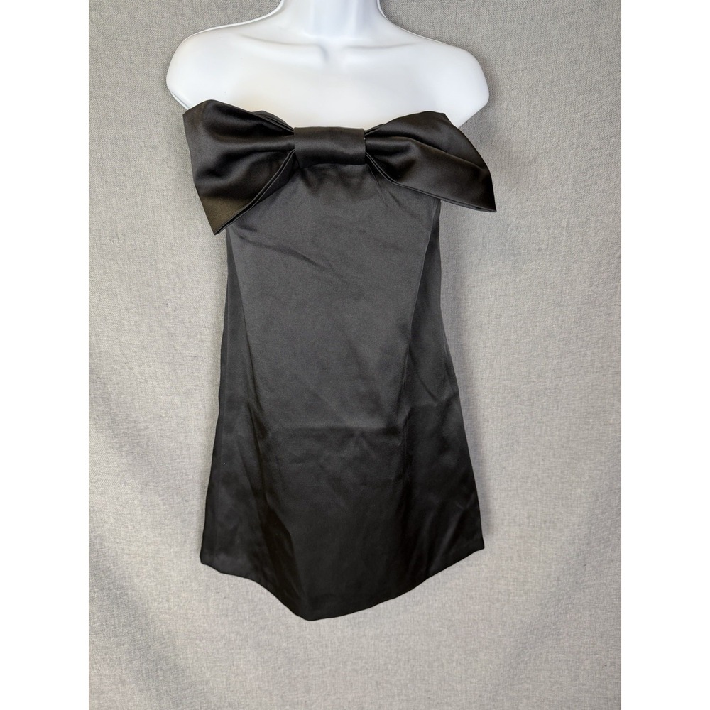 New H&M Black Bow Strapless Mini Dress Sz XS Cocktail Party Satin